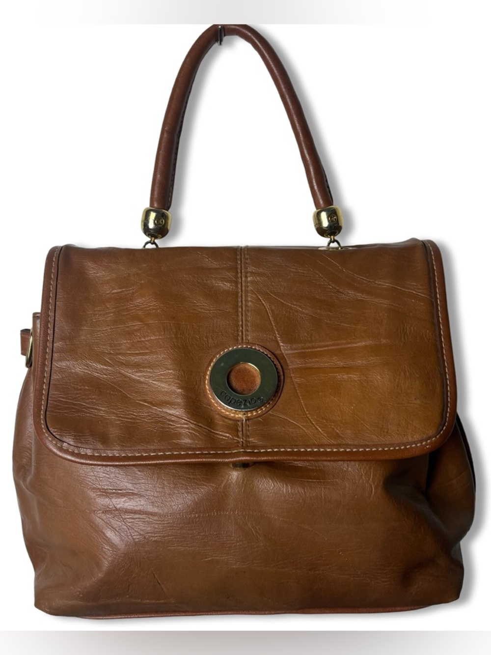Vintage Capezio Brown Leather Flap Satchel Handbag Gold Tone Hardware 70s